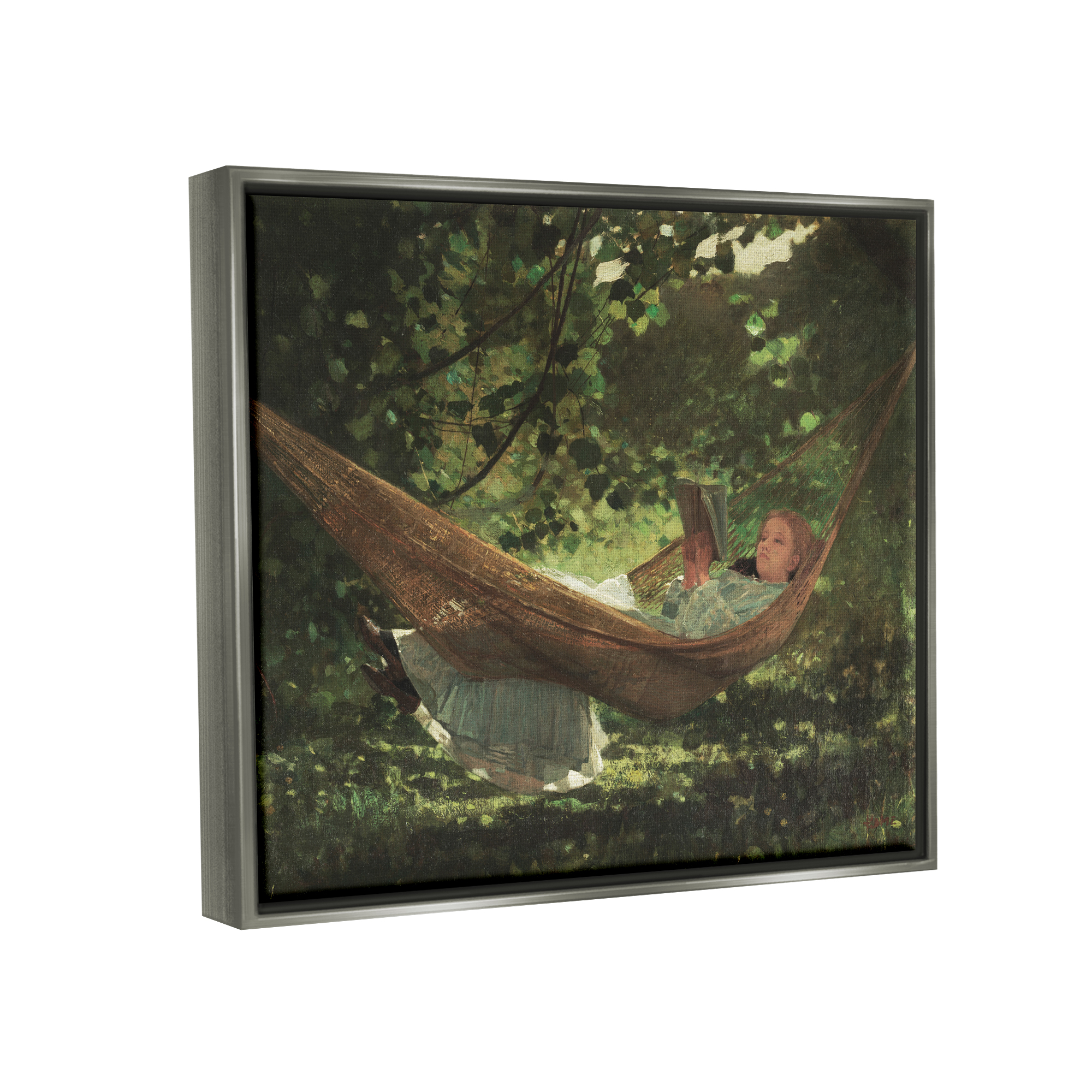 Stupell Industries Girl Reading Book Hammock Classic Vintage Painting Painting Luster Gray Floating Framed Canvas Print Wall Art, Design by Lettered and Lined