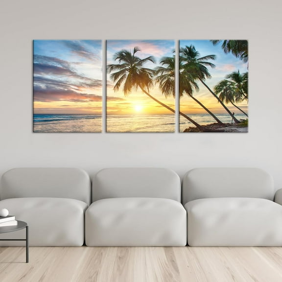 Hieng Canvas Wall Art Decor Modern Artwork Painting Print Tropical Sunset Palm Trees Beach Ocean Poster Wall Art for Living Room Home Decoration (Only canvas)