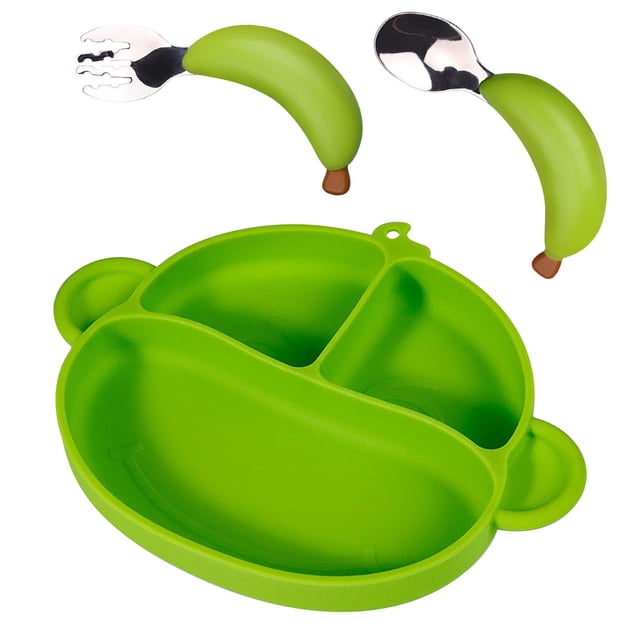 Agiferg New Monkey Children's Dinner Plate, Antiskid Suction Cup, Integrated Baby Separated Food Grade Silicone Dinner Plate, Tableware, Three Piece Set