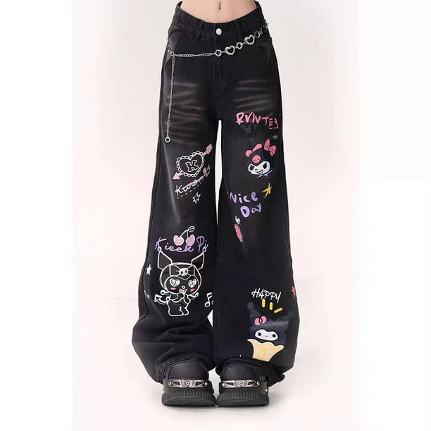Pantalones vaqueros Kawaii Sanrio Hello Kittys Kuromi, pantalones de pierna ancha de Anime de dibujos animados, Pantalones estampados sueltos de cintura alta, regalo de primavera y otoño