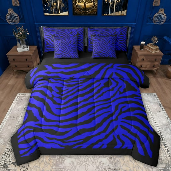 Feelyou Fashion Zebra Print Bedding Comforter Set 7pcs, Blue Lines Abstract King Bedding Sets, Teens Kids Boys Girls Reversible Bed Sheets, Ultra Soft Bedroom Decor