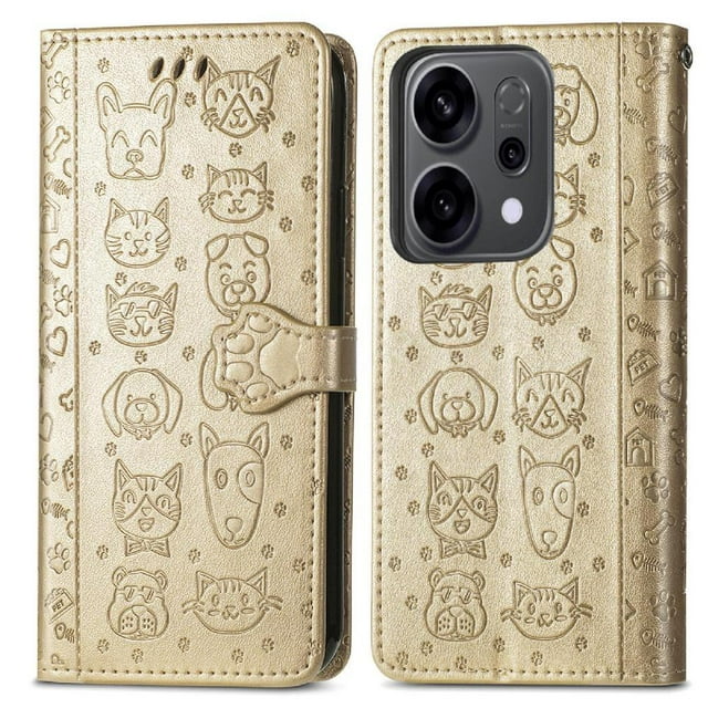 Funda Cartera FOXDOCK para OPPO Reno 14 5G , Flip PU con Relieve de Gatos y Perros, Tarjetero y Soporte