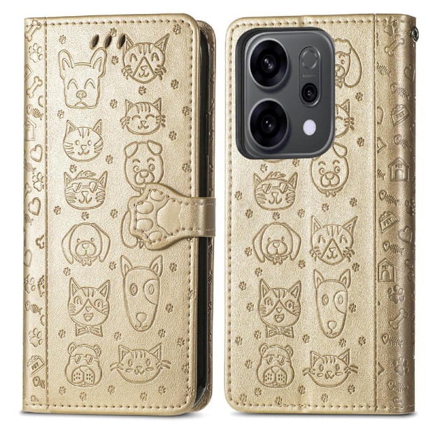 Funda Cartera FOXDOCK para OPPO Reno 14 5G , Flip PU con Relieve de Gatos y Perros, Tarjetero y Soporte