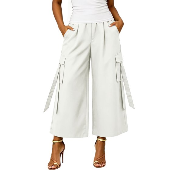 hlysgo Women's Capri Pants Baggy Cargo Wide Leg Cropped Pant Drawstring Casual Jogger Trousers with 4 Pockets Beige,S