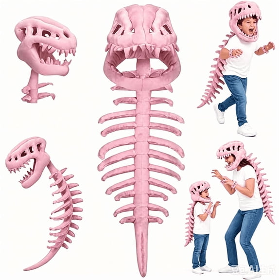 Dinosaur Skeleton Costume – 3D Spinosaurus Skull Mask & Plush Spine for Halloween, Cosplay & Dress-Up Play, Pink, 30in