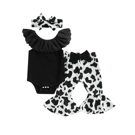 

Western Baby Girl Clothes Infant Rib Lace Sleeveless Romper Cow Bell Bottom Pants with Headband 3Pcs Outfit Set