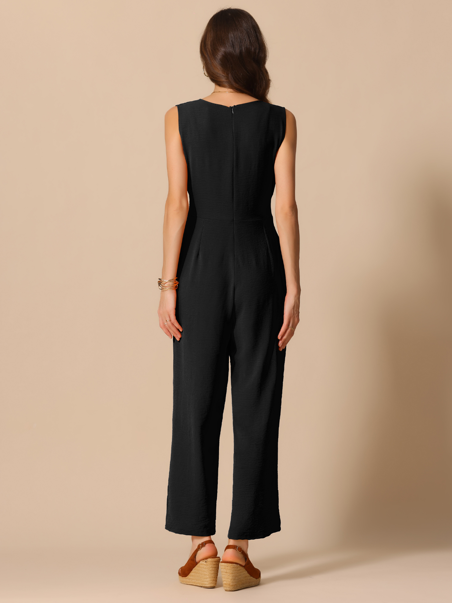 DARING DIVA Women's V Neck Casual Sleeveless Wide Leg Jumpsuit L Black
