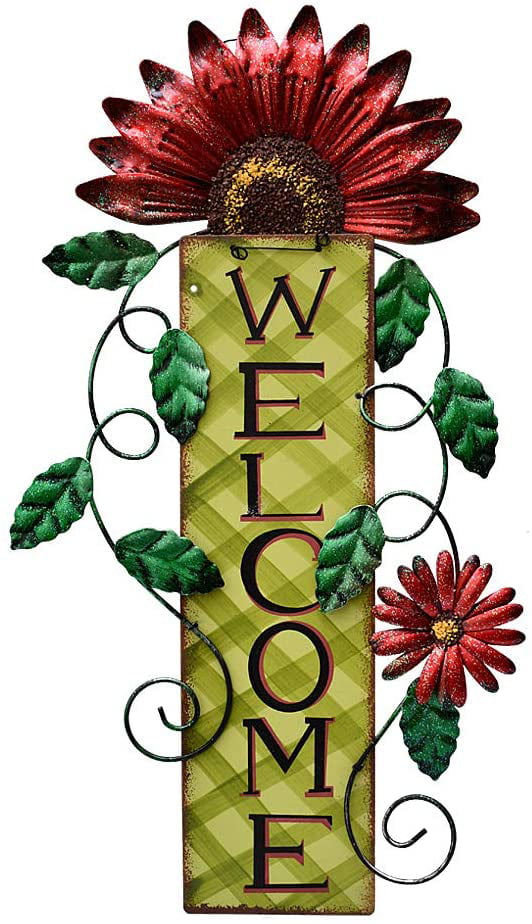 Amosfun Flower Welcome Sign Hello Front Door Hanging Wreaths Floral Hanging Wall Art Decoration for Farmhouse Entryway Home Front Porch Fence Decor