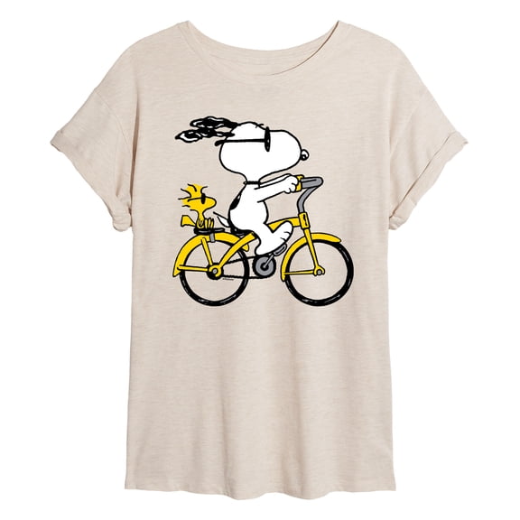 Peanuts - Snoopy and Woodstock Riding Bike - Juniors Oversized Graphic T-Shirt
