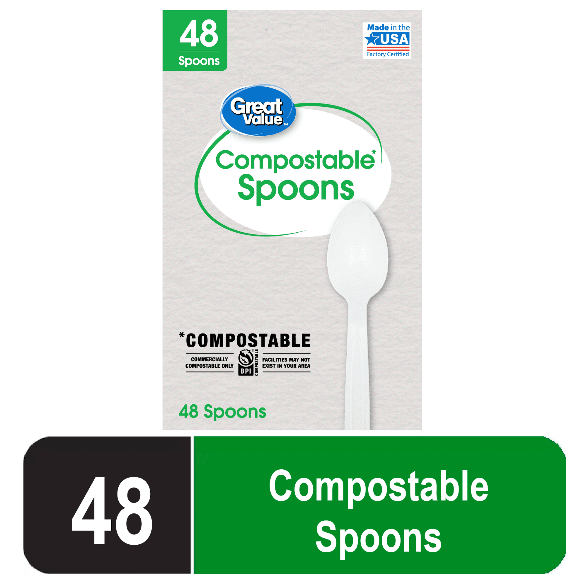 Great Value Disposable Compostable Biopolymer Spoon, Residential Single Use, White, 48 Count Pack