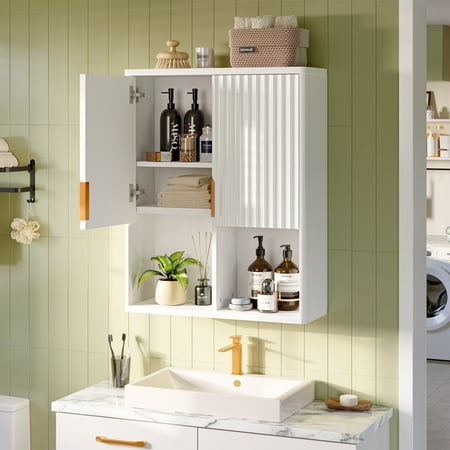 Bestier Fluted Wall-Mounted Medicine Bathroom Cabinet with Door & Shelves  23.62 x 8.27 x 29.84 Inches Wooden Over Toilet Storage Cabinet  White