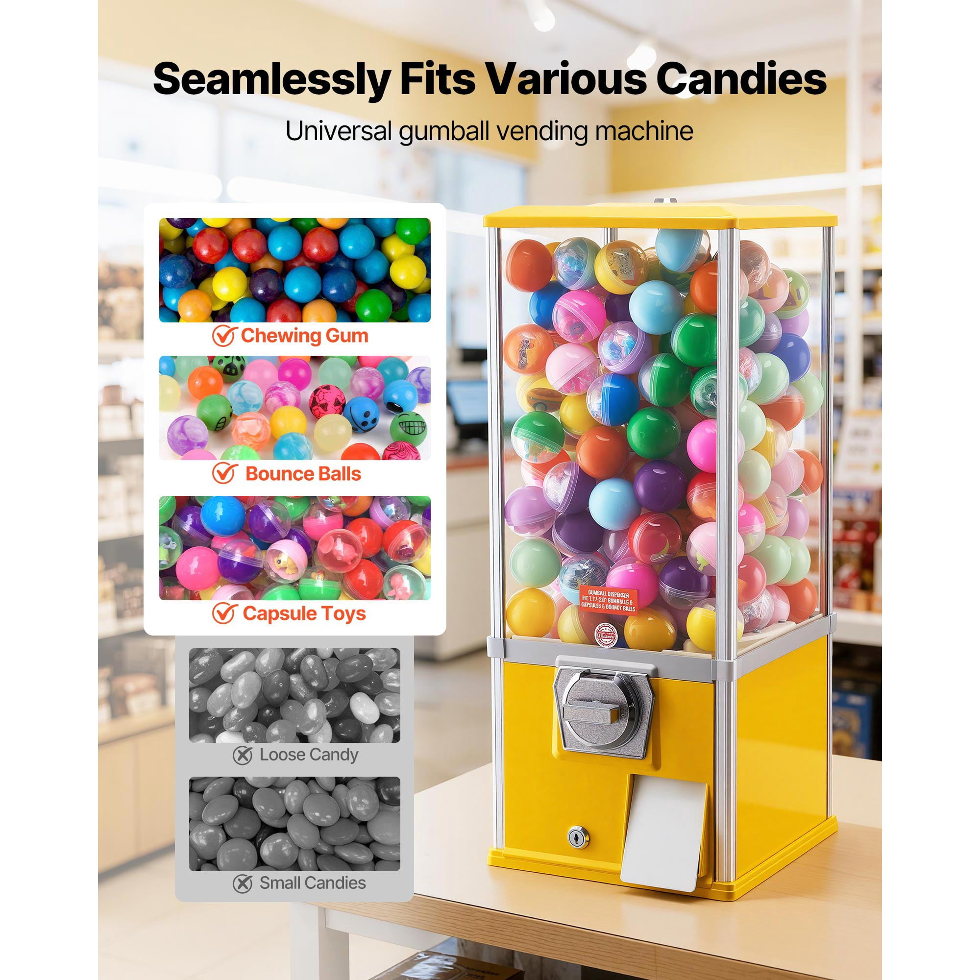 KFFKFF 25-Inch Candy Vending Machine, Coin-Operated Dispenser for Malls, Supermarkets, Parks, and Arcades, Holds Up to 230 1.77-Inch Round Candies