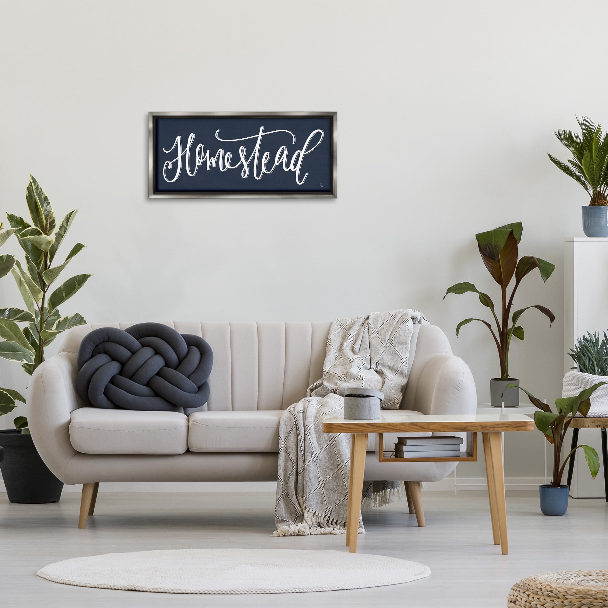 Stupell Industries Navy Blue Homestead Phrase Inspirational Painting Gray Floater Framed Canvas Art Print Wall Art, 31 x 14