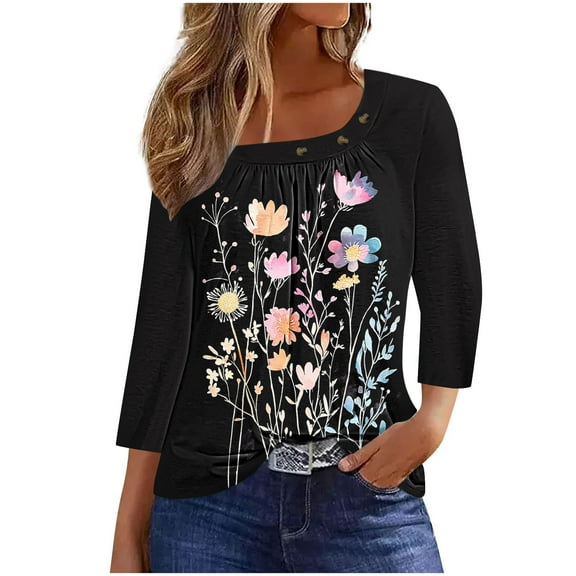 CYMMPU Tunic Tops Button up Crew Neck Blouses for Women Dressy Casual Summer Trendy Shirts Loose Fit Spring Tops 3/4 Sleeve Flower Pattern Plus Size T-Shirt Black XXXL