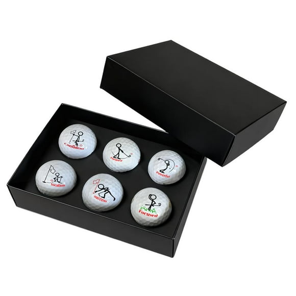 Parody Golf Ball Gift Box Set - 6 White Golf Balls with Funny Motivational Stick Figures & Red English Words, Unique Golfer Present for Any Occasion