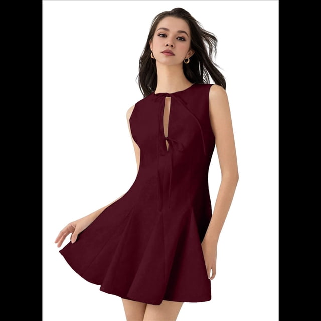 Vestido Mini Sin Mangas de Corte A para Mujer, de Verano, con Lazo, para Fiesta en Club, con Cremallera Corta Vino Tinto M