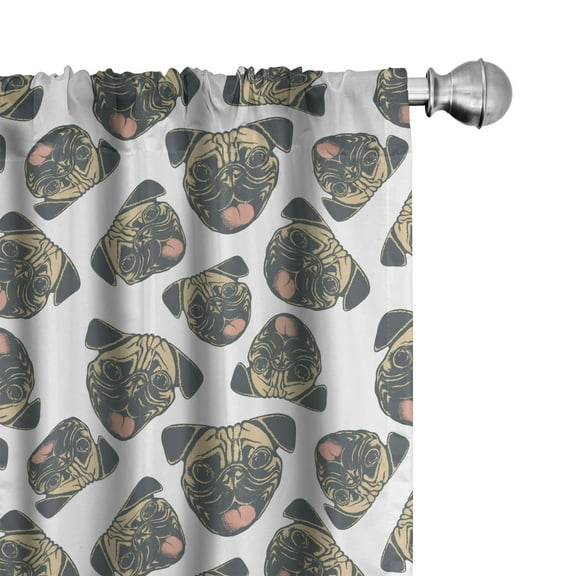 Ambesonne Pug Curtains, Cheerful Dogs Grunge Effect, Pair of 28"x95", Charcoal Grey Beige
