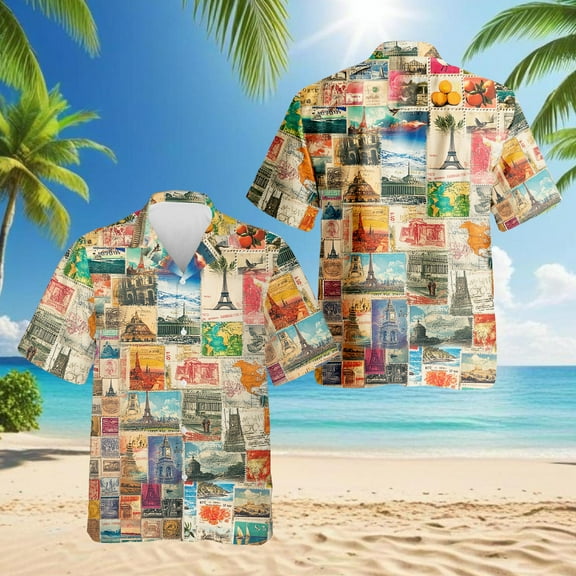 Stamps Collecting Hawaiian Shirt for Men, Button Down Summer Beach Short Sleeve, Retro Style, Sizes S-5XL