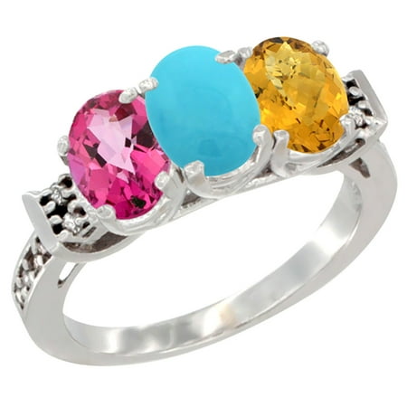 - 14K White Gold Natural Pink Topaz, Turquoise & Whisky Quartz Ring 3-Stone Oval 7x5 mm Diamond Accent, sizes 5 - 10