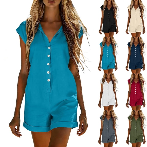 Purcolt One Piece Jumpsuits for Women Cotton Linen Button Sleeveless Shorts Rompers Loose Fit Overalls Beach Vacation with Pockets