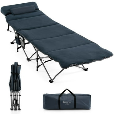 Topcobe Folding Retractable Travel Camping Cot with Mattress and Carry Bag, Outdoor Portable Camping Bed for Sleeping Hiking Travel, Blue