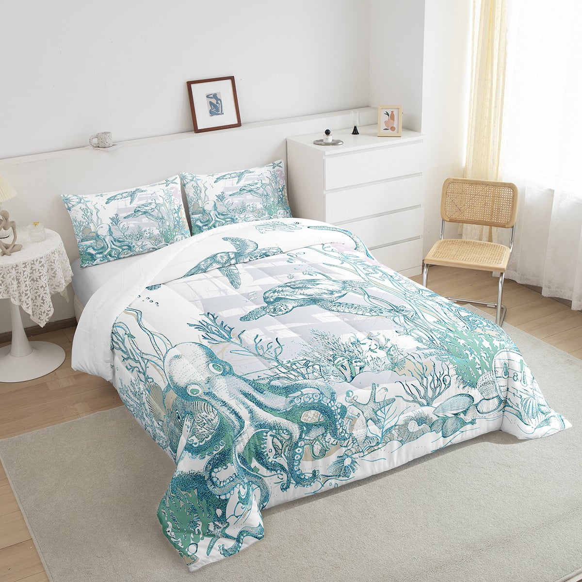 Nautical Coastal Sea Turtle Comforter Set Ocean Beach Bedding Comforter Sets Full,Coral Octopus Quilt Seahorse Starfish Fish Duvet Insert,Sailboat Boat Anchor Room Decor