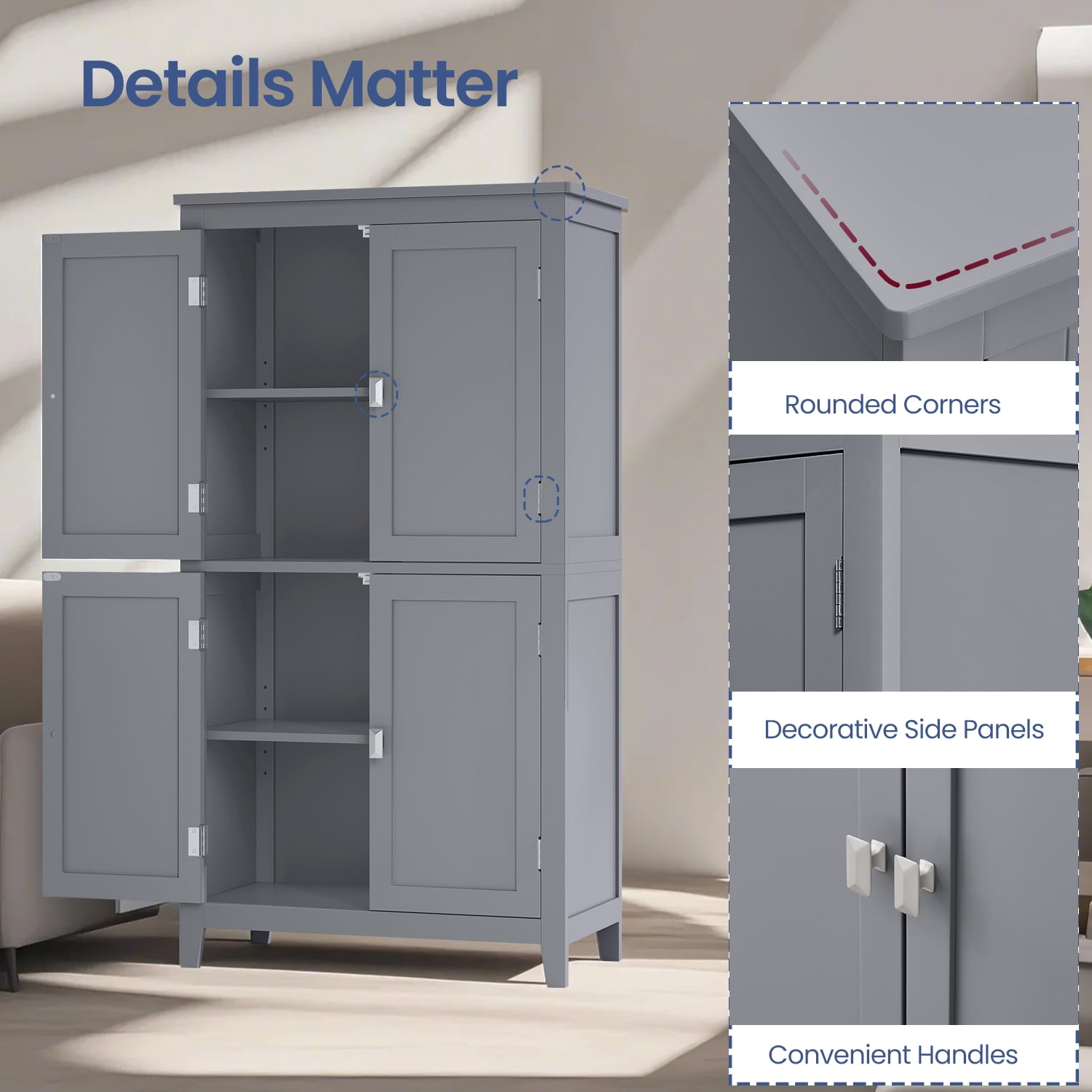 LEDREM Bathroom Storage Floor Cabinet Organizer with 4 Doors & Adjustable Shelves, 43" Wooden Pantry Cabinet Freestanding for Kitchen Living Room Small Spaces, Mystic Gray