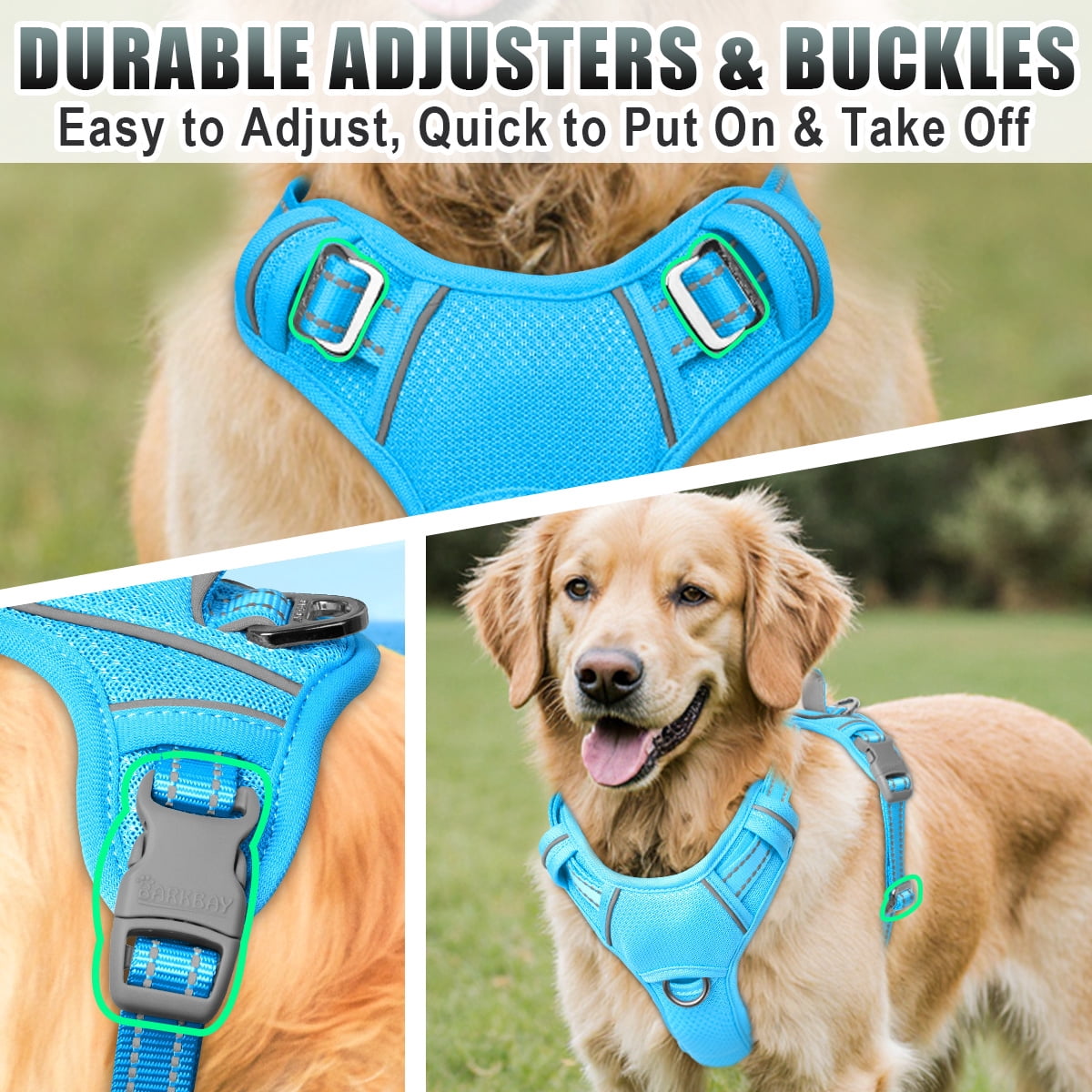 BARKBAY No Pull Dog Harness Large Reflective Dog Harness with Front Clip and Easy Control Handle for Walking Training Running with ID tag Pocket(Ocean Blue,L)