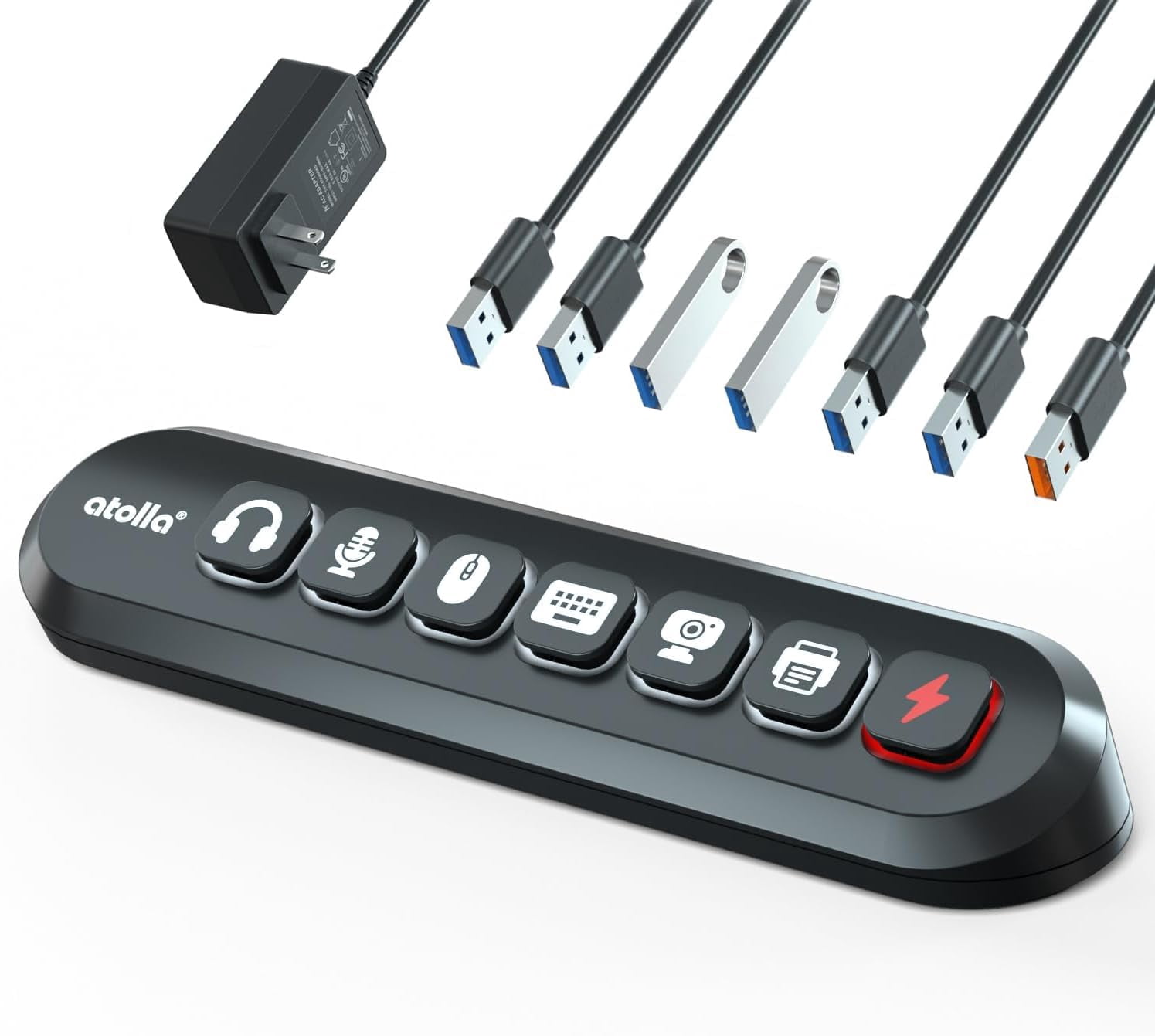 Powered USB Hub, atolla 7-Port USB 3.0 hub (6 Superspeed Transfer Ports+ 1 Charging Port) with Swappable Illuminated Icon Switch and 12V/3A