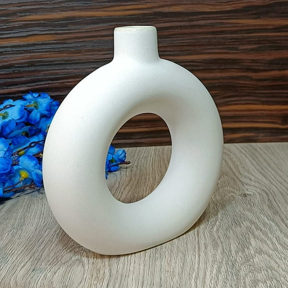 India Meets India Ceramic Vase [White], Modern Minimalistic Donut Circle Vase, Decorative Hollow & Pampas Dried Flowers Vase for Home Decoration/Living Room/Bedroom/Office/Table/Bookshelf, 9 INCHES