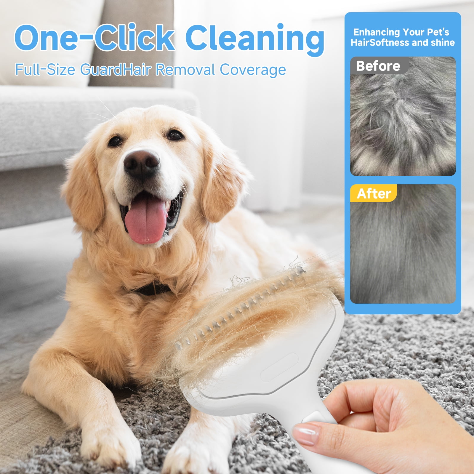 Pet Steam Brush for Dog & Cat - 3-in-1 Steam Grooming Slicker Brush & Undercoat Rake for Shedding - Self Cleaning Spray Comb with Mist for Long & Short Haired Pets - Includes Waterless Shampoo, Blue