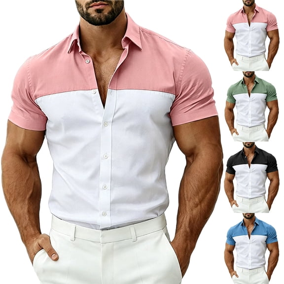 FRSASU Men's Casual Polo Shirt Short Sleeve Color Block Breathable Summer Golf Work Travel Beach Tops Pink