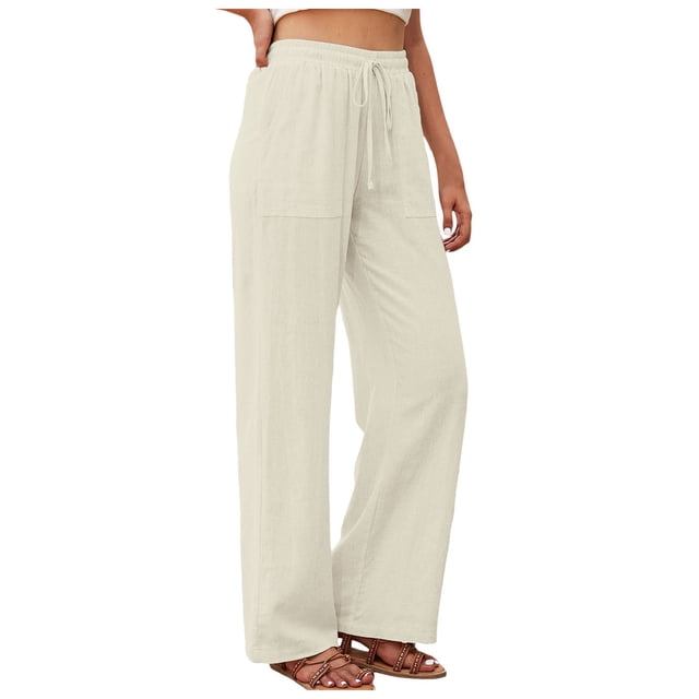 Women's Linen High Waisted Straight Wide Leg Drawstring Pants with Pockets, Cotton Blend Material, All-Season Wear
