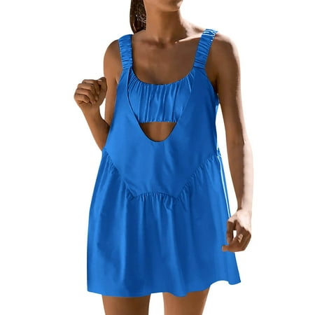 TOWED22 Women Tennis Dress with Built in Shorts and Bra Sleeveless Casual Summer Backless Golf Dress Workout Athletic Dress(Blue XL)