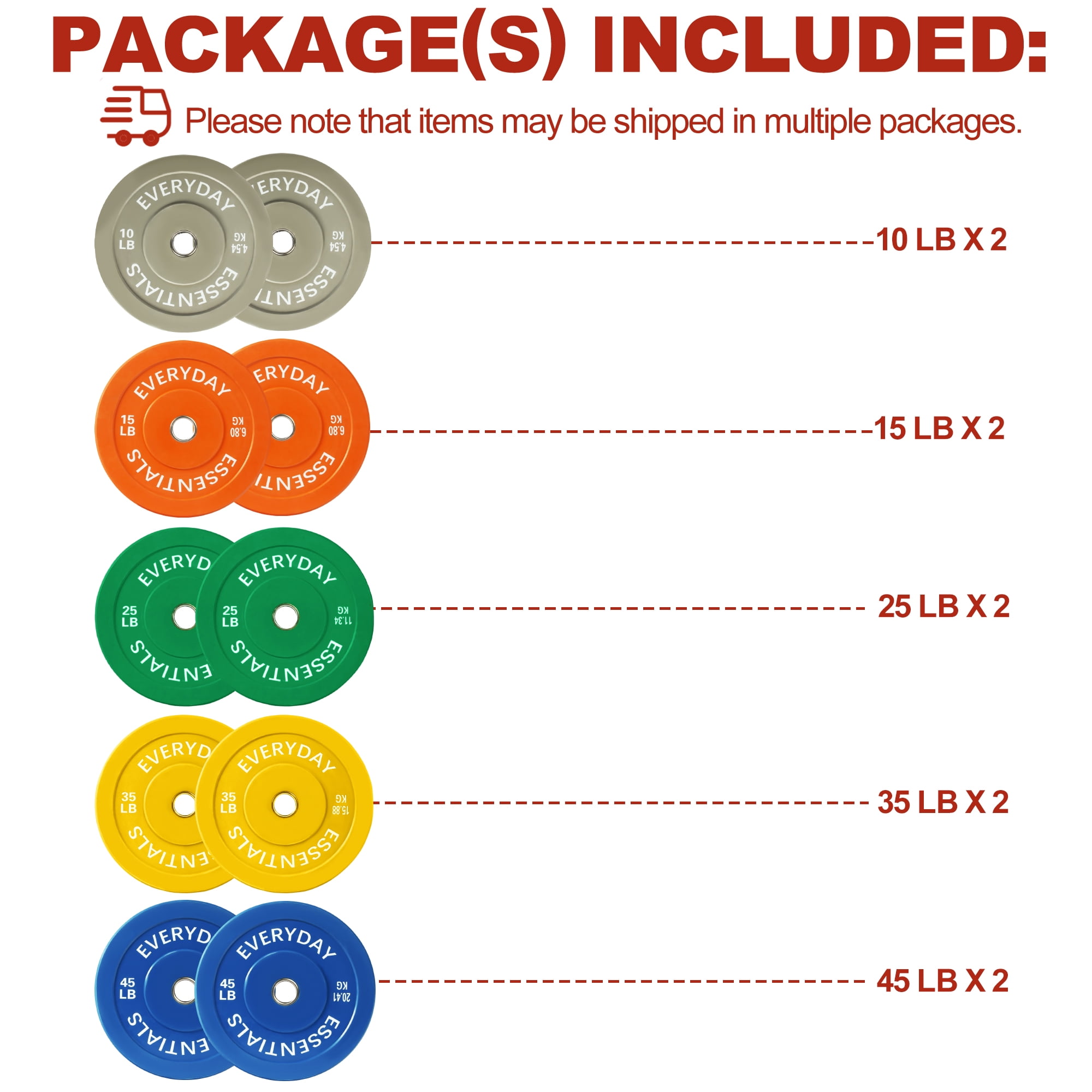 FlexWave Bumper Weight Plates Set, 260 lb Total, Colored, Olympic 2-Inch Hole