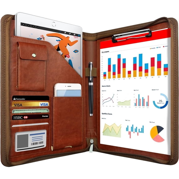 Zippered Padfolio Organizer, Leather Planner Binder, 10.2 Inch Portfolio Folder for Documents, Letter Size Business Card Holder for Men&Women (Brown)