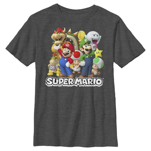 Boy's Nintendo Super Mario Bros. Group Portrait Graphic Tee Charcoal Heather Large