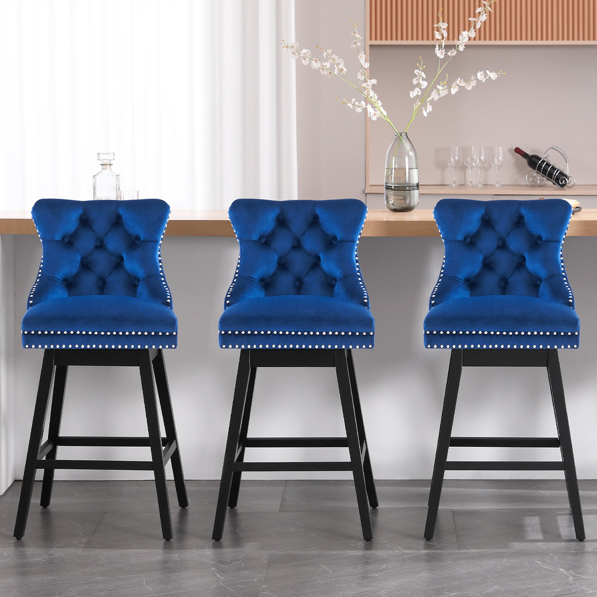 Tewloss 30" Swivel Bar Stools Set of 5 With Back Velvet Bar Height Chairs for Home Kitchen, Blue