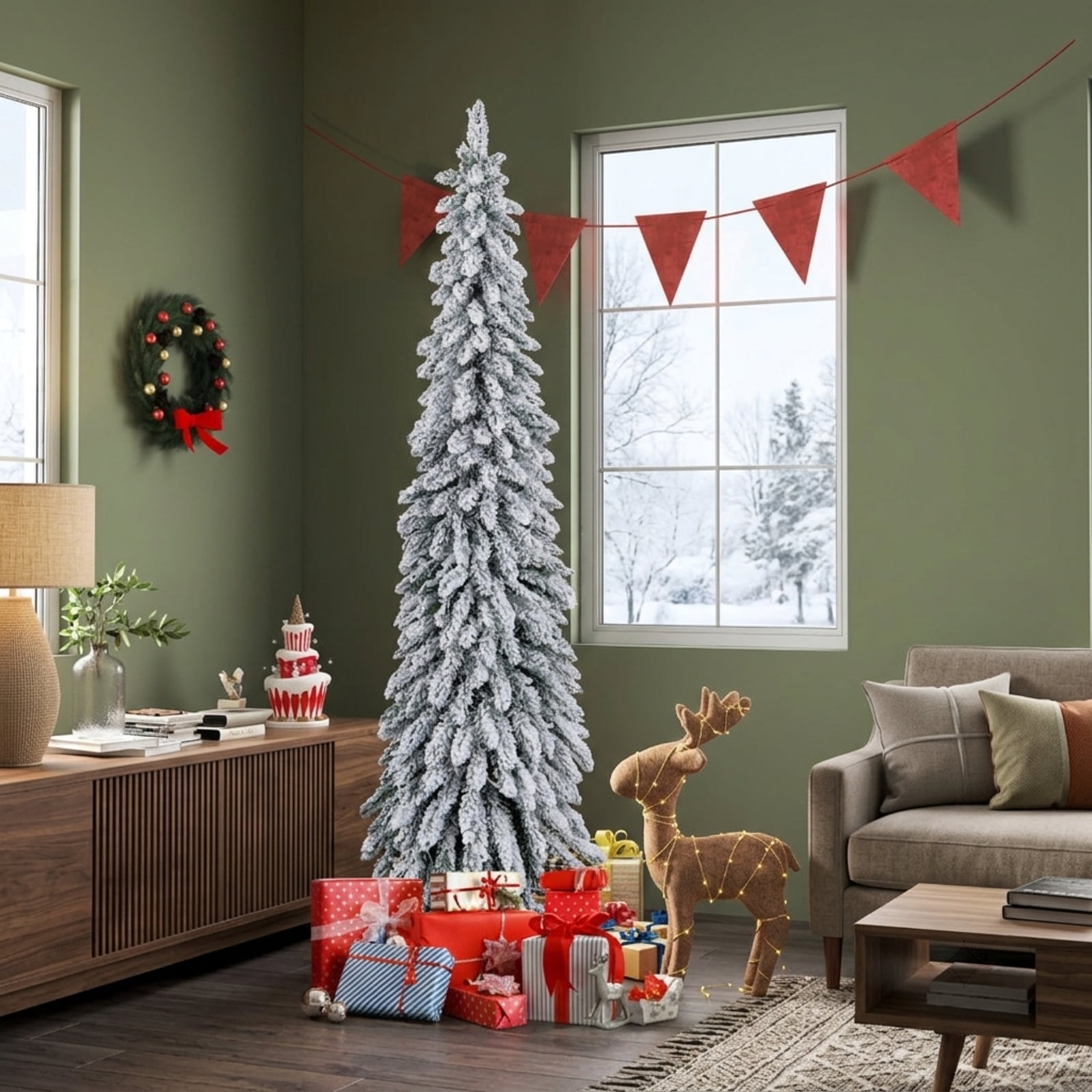 RUIE 6 ft Snow-Flocked Pencil Christmas Tree, Pre-Lit Slim Green White Xmas Tree with 250 Dual-Color LED Lights, 11 Modes, Timer