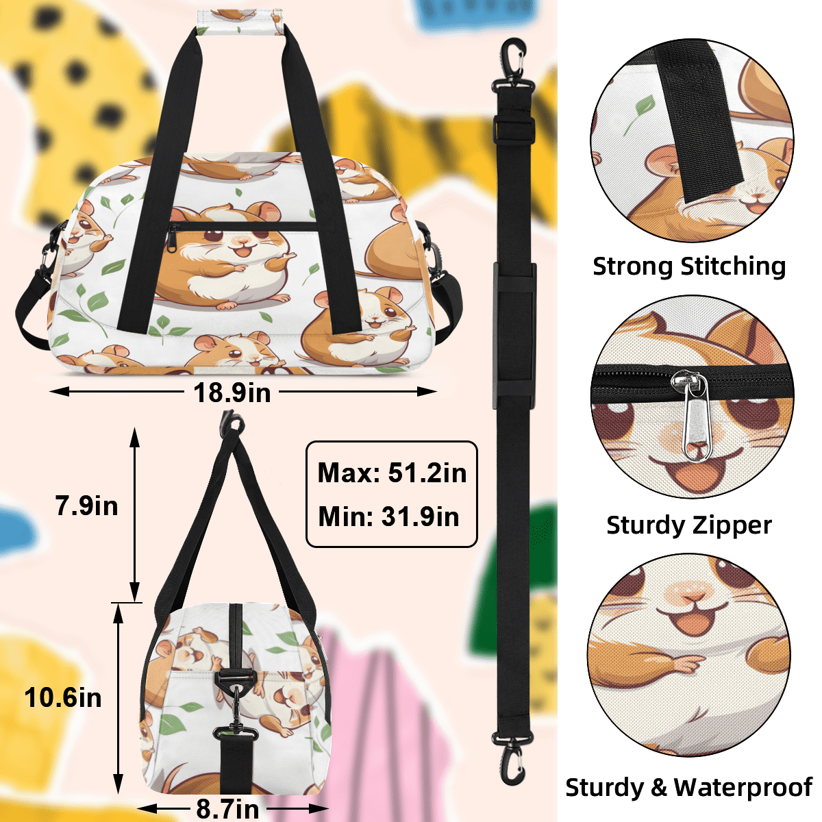 Herdesigns Cute Sports Duffle Bag for Women & Men, Cute Hamster Gym Bag Dance Bag Overnight Bag Carry On Weekender Travel Bag