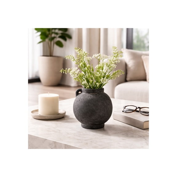 Round Bulbous Jug with Handle Vase for Living Room Decor - Terracotta Pottery Flower Vase for Home Decor - Contemporary Style Accent for Room, Bedroom, House, Table and Office - 8", Black