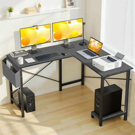 Office L-shaped Computer Desk, Reversible Corner PC Work Table with Wood Tabletop and Metal Frame, Gaming Desk for Home Office, Small Space, Black