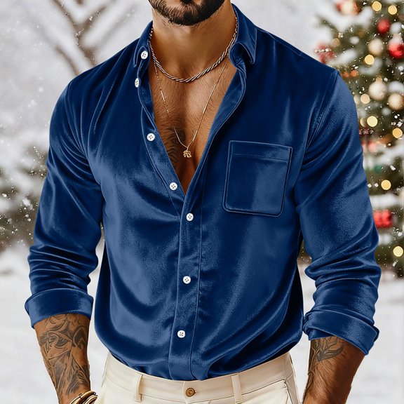 BXJX Retro Velvet Shirts for Men- Button Down Comfy Loose Fit Soft Formal Casual Business Shirts Navy Size XL
