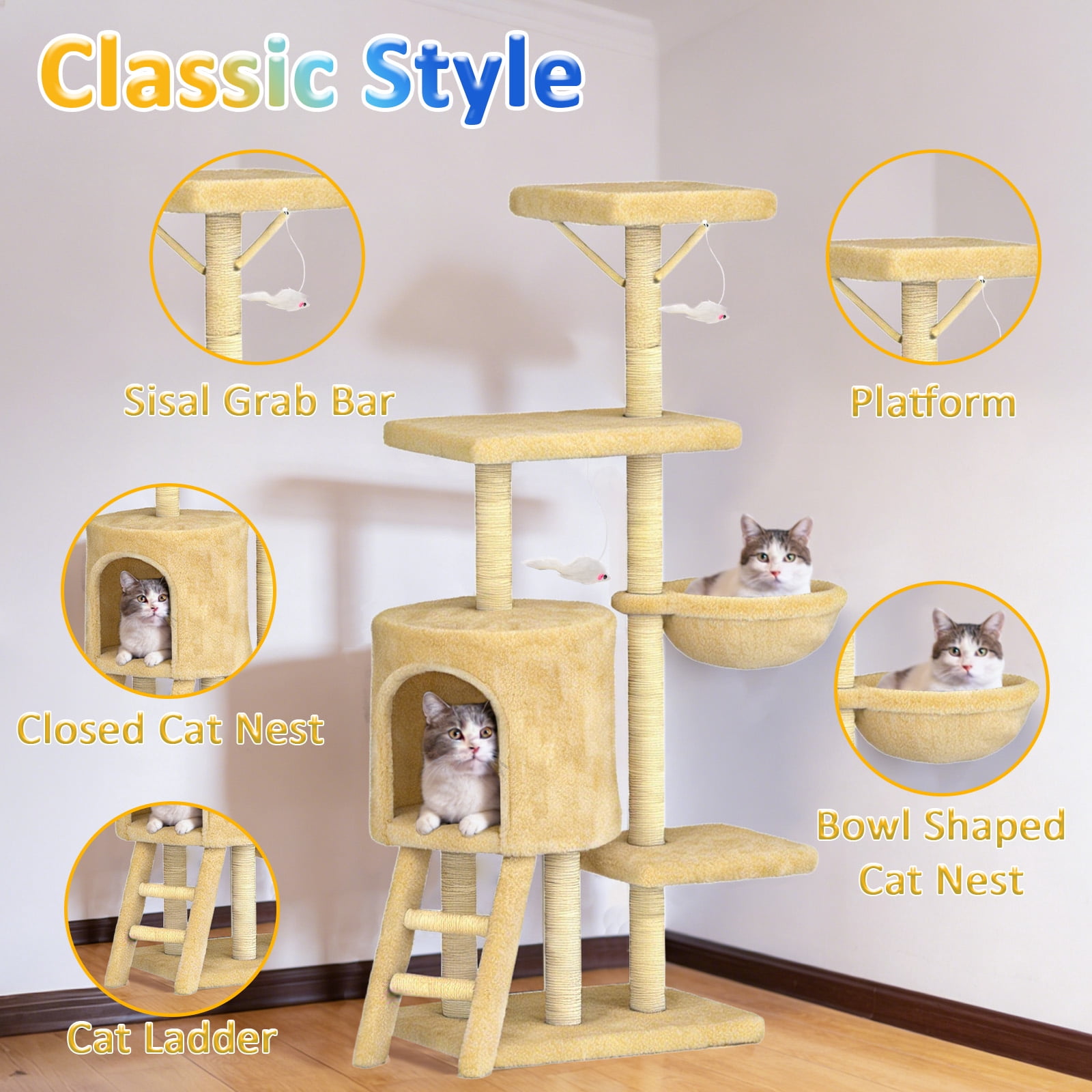 Cat Tree, 53in Cat Tower with Sisal Scratching Posts, Climbing Ladder, Hanging Toys, Pet House Furniture for Indoor Kittens, Beige