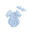 thumbnail image 2 of Musuos Baby Girl Summer Romper 3M 6M 9M 12M 18M Solid Color Puff Sleeve Ruffled Neckline Shirred Jumpsuit with Bow Headband for Infant, 2 of 10