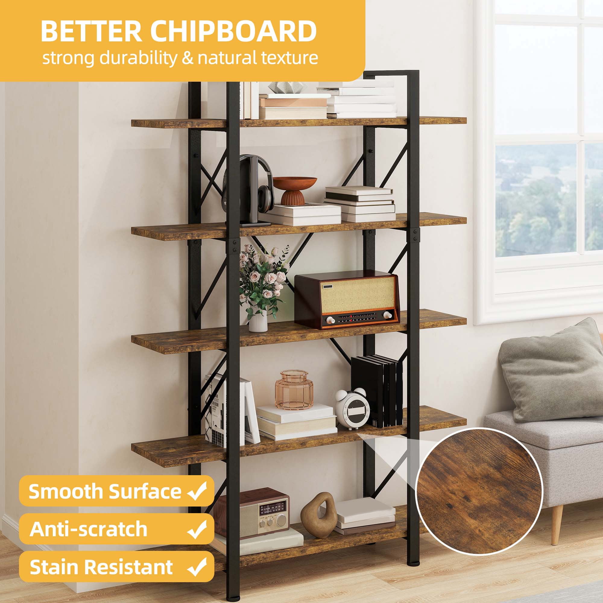 Uforic 5 Tier Bookshelf, Freestanding Industrial Bookcase, Storage Shelving Unit for Home Office, Brown