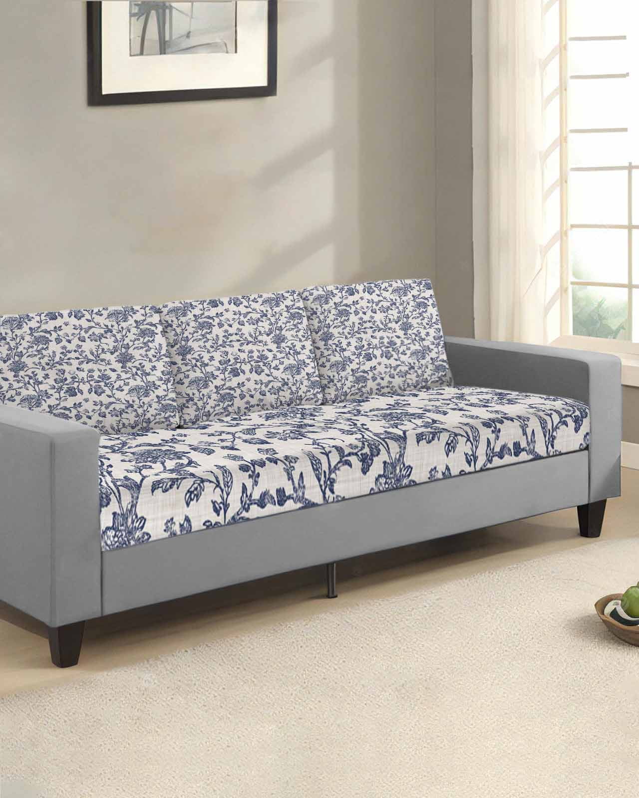 Blue Floral Leaf Couch Cushion Covers Stretch, Washable Sofa Seat Covers Individual Seat Cushion Sofa Slipcovers Retro Farmhouse Plant Tree Branch Couch Cover Furniture Protector S-1PCS