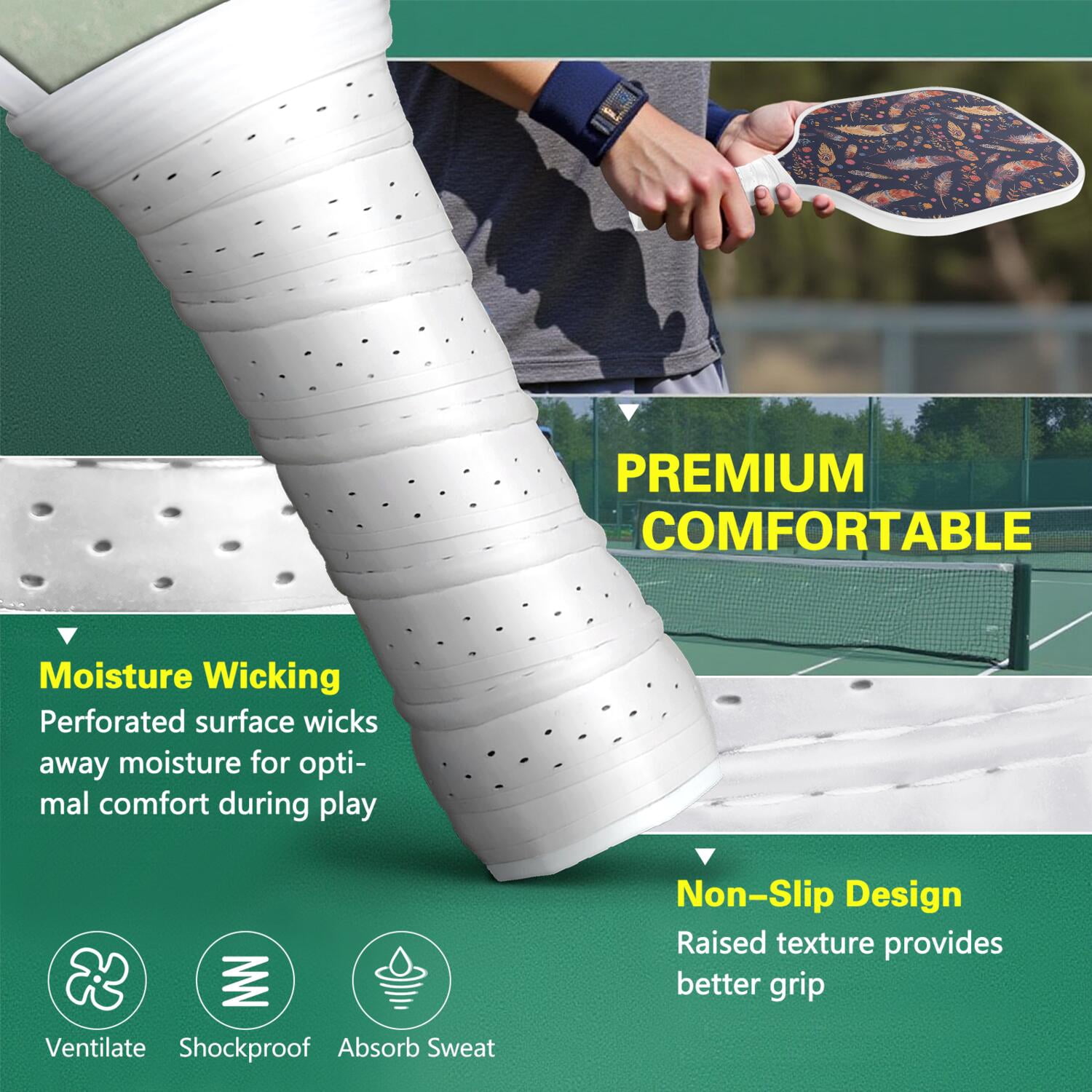 Pickleball Paddles Set Of 2, Fiberglass Surface, Colorful Feather Print, 4 Balls & Bag