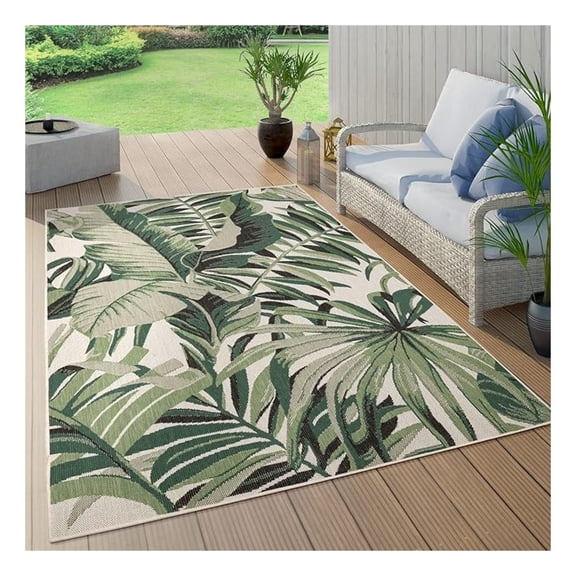 Tropical Outdoor Rug Leaves Design for Patio in Green Beige, Size: 3'11" x 5'7"