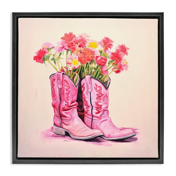 Stupell Industries Pink Blossom Boots Botanical & Floral Painting Black Floater Framed Canvas Art Print Wall Art, 18 x 18